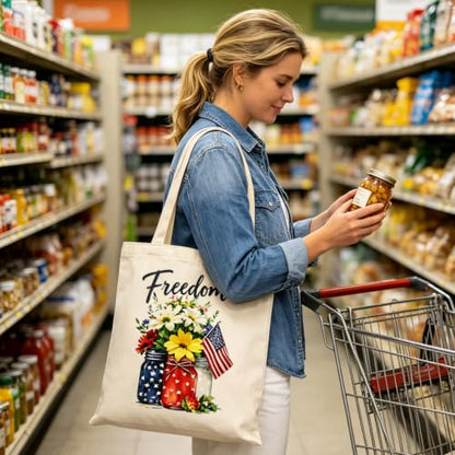 Canvas Tote Bag with Zipper, Halloween Trick or Treat Bags for Kids Bulk - color: [A0] Freedom - Beige
