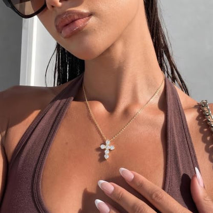 ASHINE Icy Brilliance Cross Pendant Necklace, 20" Adjustable Cable Chain - color: Yellow Gold