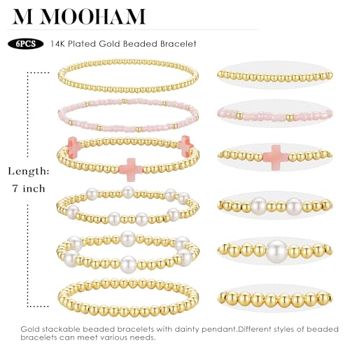 M MOOHAM Beaded Bracelets for Women Teen Girls, 14K Gold Bracelet Stack - color: Pink Cross-2