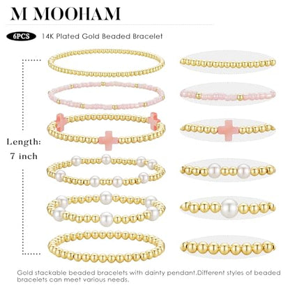 M MOOHAM Beaded Bracelets for Women Teen Girls, 14K Gold Bracelet Stack - color: Pink Cross-2