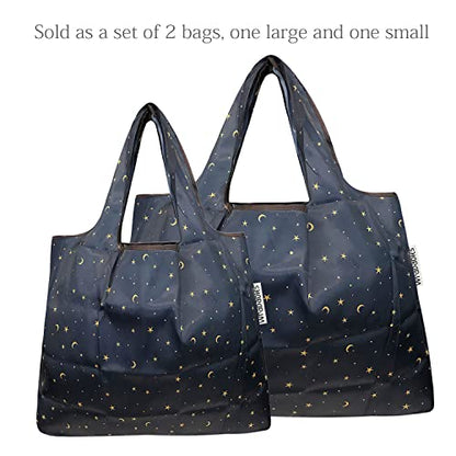 allydrew Large Foldable Tote Nylon Reusable Grocery Bags - color: Set of 2, Moon & Stars, size: Large & Small (Set of 2)