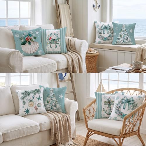 FuWeave 6 Set Christmas Pillow Cover 18 x 18 Inch Coastal Beach Nautical - style: Coastal Christmas