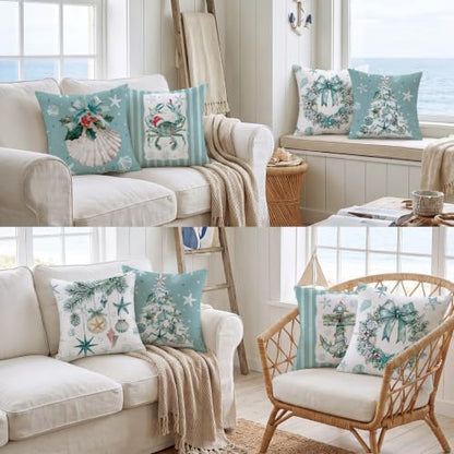 FuWeave 6 Set Christmas Pillow Cover 18 x 18 Inch Coastal Beach Nautical - style: Coastal Christmas