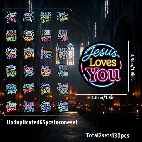 130Pcs Neon Jesus Loves You Stickers, Waterproof Faith Christian Vinyl Decals with Cross Rainbow Heart, Inspirational Aesthetic Bible Stickers for Water Bottles, Laptops, Journals, Teens & Adults