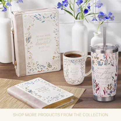 Christian Art Gifts Large Women's Ceramic Coffee Bible Verse Mug - color: White & Taupe Floral/Everything Beautiful