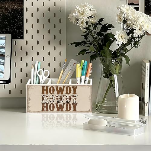 Western Pen Pencil Holder for Desk, Cowboy Gifts, Cowgirl Gifts for Women, Western Office Decor, Retro Country Howdy Southwestern Wooden Box Sign Decorations for Home Office Desk Tabletop - color: 02-Western Pen Holder(2)