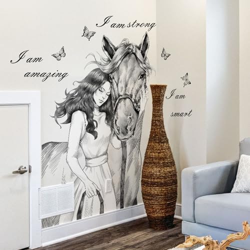 2 PCS Girl & Horse Inspirational Wall Decals Peel and Stick Black Motivational Wall Decor for Office Pioneer Woman Wall Stickers & Murals Bedroom Living Room Hallway Entryway Positive Affirmations - color: A Horse With a Girl