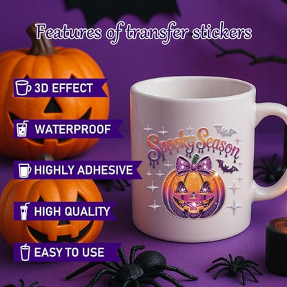 Rngmsi UV DTF Cup Wrap - 20 Sheets Spooky Fall Halloween UV DTF Wraps for 16 oz Glass, Bat Web Pumpkin UVDTF Stickers, Rub on Transfer Decals for Drinking Cups DIY Crafts for Water Bottles - style: Spooky Fall Halloween