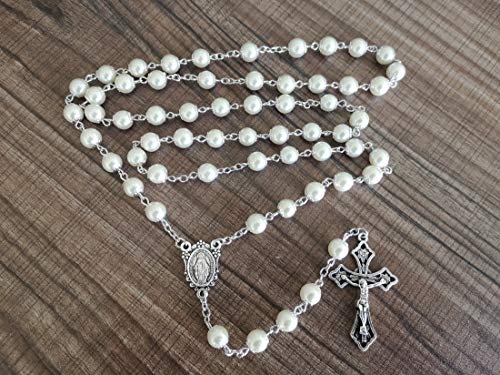 Rnivida Catholic Pearl Beads Rosary Necklace Metal Beaded Miraculous Medal & Cross Rosary for Women - color: Pearl