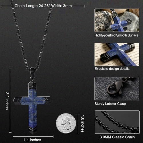 Lapis Lazuli/Amethyst Cross Necklace for Men Waterproof and Sweat-Resistant Suitable for both men and women With Adjustable Box Chain Christian Jewelry Father Day Gifts for Men - color: Blue&Black