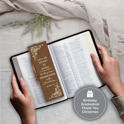 Christian Art Gifts Premium Faux Leather Bookmark for Women: Proverbs 31:26 - color: Brown - Proverbs 31 Woman