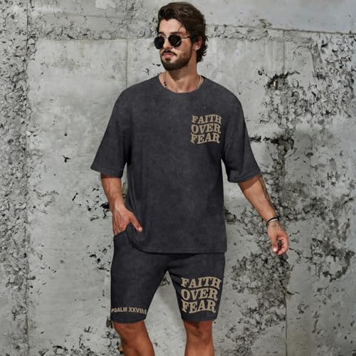 Men's Christian Shirt and Shorts Set Oversized Faith Over Fear T Shirt Washed Religious Bible Verse 2 Piece Outfits - color: Black, size: Medium