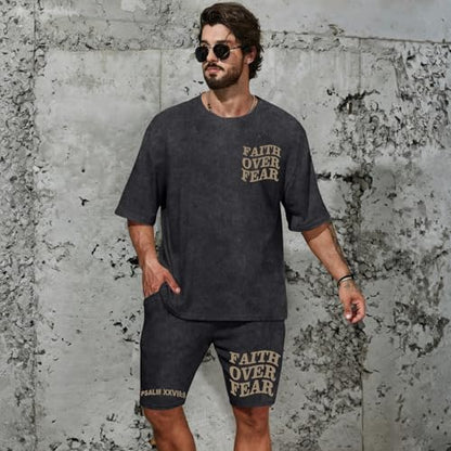 Men's Christian Shirt and Shorts Set Oversized Faith Over Fear T Shirt Washed Religious Bible Verse 2 Piece Outfits - color: Black, size: Medium