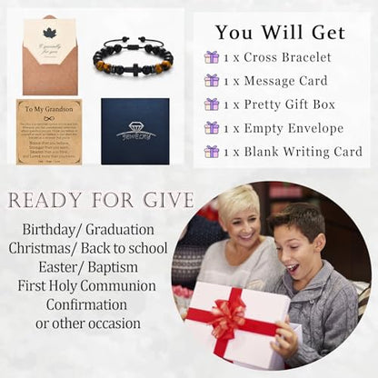 Cross Bracelet Gifts for Men Boys, Cross Beads Bracelet Christian Christmas Easter Basket Stuffers Baptism Jewelry Gifts for Man Him Son Grandson Nephew Brother Godfather Godson - style: Grandson