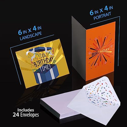 24 Pack Unique Gold Foil Birthday Cards with Envelopes & Stickers | 4x6 Inches Blank Happy Birthday Cards Assortment in Bulk for Family, Kids, Friends, Work & Office Celebrations. - size: 4x6 inches