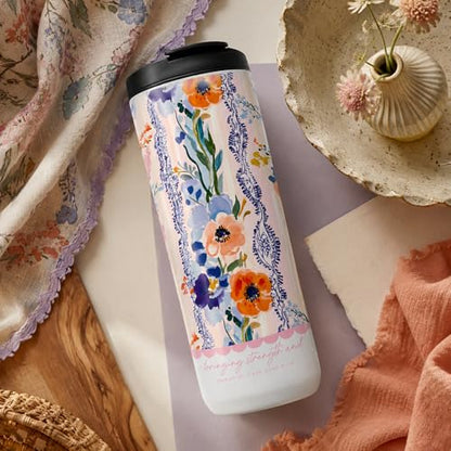 Stainless Steel Insulated Travel Mug – Double-Wall Vacuum Tumbler with Leak-Proof Lid & Silicone Base – Jeremiah 30:17 & Isaiah 41:10 "Bringing Strength" Faith Design – Orange Poppy & Navy Floral - style: Bringing Faith