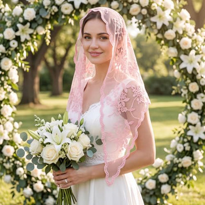 Lystaii Triangle Lace Mantilla Veil Catholic Chapel Head Covering Scarf - color: Pink