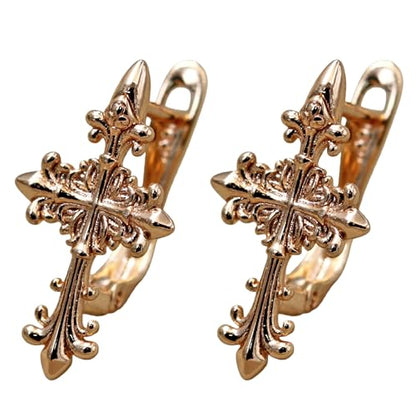 18K Gold Plated, Dangle Earrings for Women, Flower/Heart Drop earrings, Hypoallergenic Cubic Zirconia Earrings, Lightweight, Party, gold earrings, Jewelry for Gifts, Fashion - style: OBS7528-FlowerCross