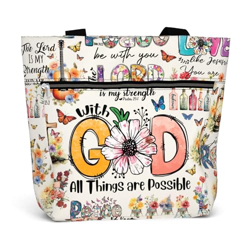 84hoods 15 inch Large Tote Bag for Work for Women. Christian Faith, Jesus God Religious Gift. Waterproof Shoulder Bag. - color: 01. All Things Are Possible With God