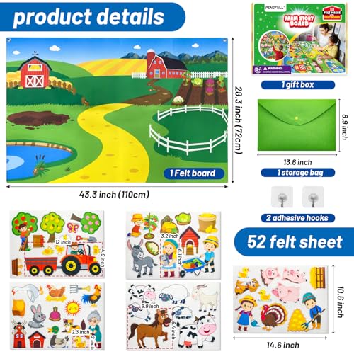 Felt Flannel Story Board Set for Toddlers,44 * 28in Flannel Board for Wall,52 Felt Farm Animals Pieces,Farmhouse Theme Story Preschool Storytelling,Learning Interactive,for 3 Years + Kids