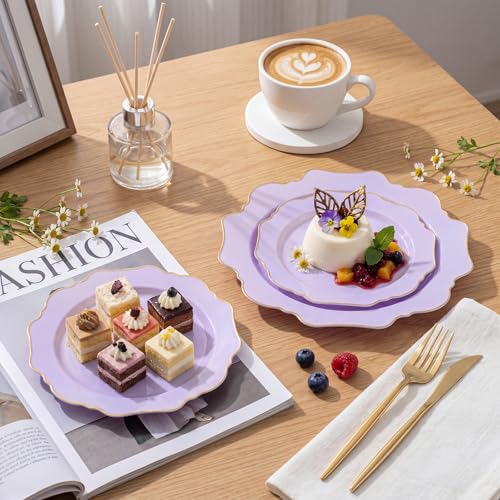 WDF 175Pcs Purple Plates Disposable - Lavender Plastic Plates 25guest Plastic Dinnerware Ideal for Birthday Party/Wedding/Holidays - color: Purple and Gold, size: 175 pieces