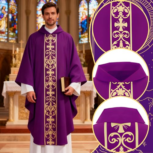 Clergy Vestments Chasuble Cross Robe Priest Cloak Church Mass - color: Purple