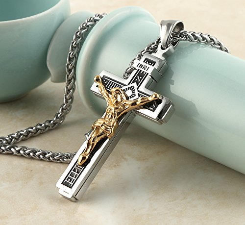 HZMAN Catholic Jesus Christ INRI Cross Crucifix Pendant Necklace for Men - color: Silver & Gold