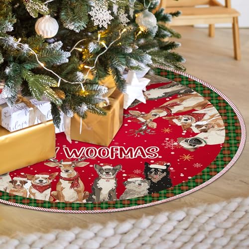 Red Christmas Dogs Tree Skirt, Cute Dogs Puppies Snowflake Tree Skirt, Xmas Red and Green Buffalo Plaid Animal Christmas Tree Mat Gifts for Dog Lovers Home Party Holiday Indoor Decor, 36 Inch - color: Dog-1