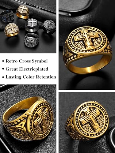 Christian Cross Rings for Men - Stainless Steel Jesus Jewelry with Celtic Knot Sides (Gold/Black/Silver) - Catholic Religious Gift, Size 7-13 - color: F-Gold-Jesus
