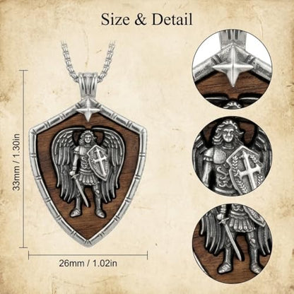 ONEFINITY Wooden Necklace Viking Wolf/St Benedict Medals/St Michael/Crucifix/St Christopher Pendant Necklace for Men Archangel Amulet Wooden Religious Jewelry Gifts for Men Women - style: St Michael-Shield