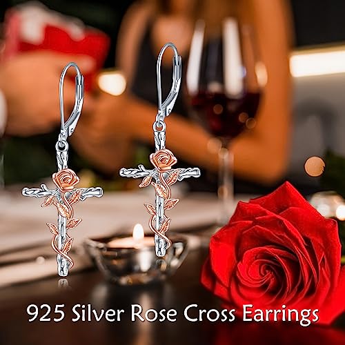 LUHE Sterling Silver Corss/Daisy/Musica Note Dangle Earrings for Women - style: Rose Flower Cross Earrings