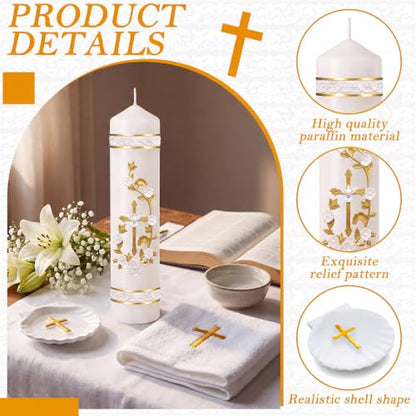 Lyrow Baptism Candle Set Complete Christening Gift Kit with Shell, Candle & Towel, White Gold Communion for Baptism, First Holy Communion, Catholic Sacraments(Vintage)