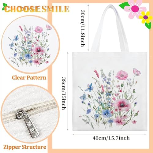 Canvas Tote Bag with Zipper Handles for Women Bridesmaid Birthday Wedding Mother Ladies Shopping Gift Bags - color: Flower-3