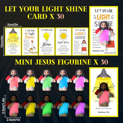 CroBlissful 30 Sets Mini Jesus Figurines Bulk Christian Glow in The Dark with Let Your Light Shine Cards for Christian Sunday School Religious Party Favor Halloween(Holding A Book) - style: Holding A Book