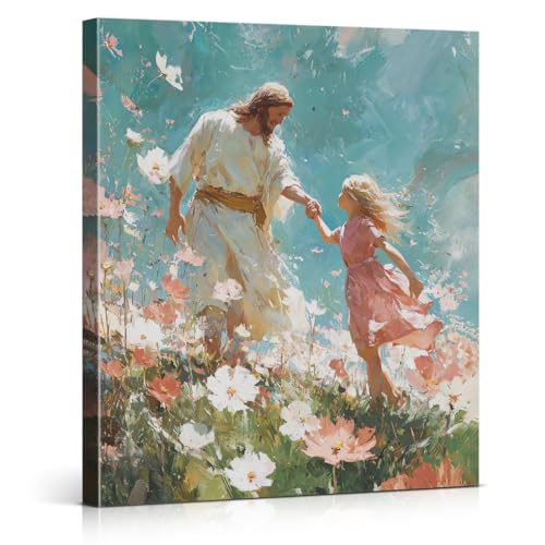 Christian Jesus and Girl Wall Art Print - Jesus with Children Dancing Canvas Picture Painting Wall Decor for Home Farmhouse Prayer Room 8x10 Framed - color: color-C