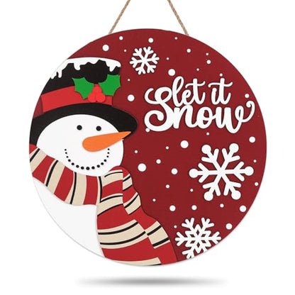 JarThenaAMCS Christmas Winter Welcome Door Sign Xmas Red Snowman Snowflake Wooden Front Door Hanging Sign 3D Round Outdoor Hanger for Party Home Wall Porch Decorations, 12 Inch - style: Snowman