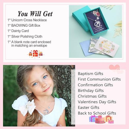 Easter Basket Stuffers - Easter Gifts for Girls Kids,Cross Unicorn Necklaces with Initial for Teen Girls Kids Daughter Granddaughter Birthday Christian Religious Gifts 16+3 Inches - style: W
