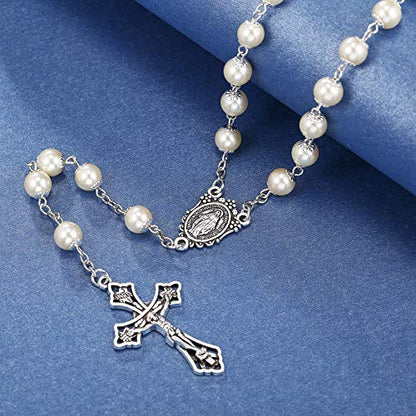 Rnivida Catholic Pearl Beads Rosary Necklace Metal Beaded Miraculous Medal & Cross Rosary for Women - color: Pearl