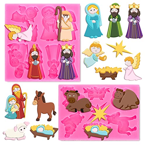 Whaline 2Pcs Christmas Fondant Molds Nativity Silicone Moulds Night of Birth Resin Baking Molds Jesus' Birth Theme Cake Decorating Molds for Xmas Handmade DIY Candy Chocolate Cookie Sugarcraft - style: Nativity