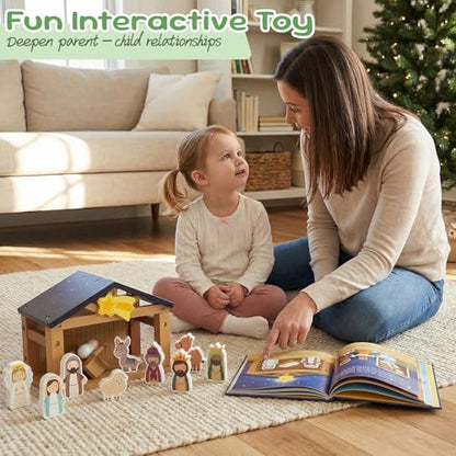 WOODENFUN Toy Nativity Set for Kids，Wooden Christmas Nativity Scene Miniature Holy Family Figurines Gifts for Children Boys Girls 3+ Years Old