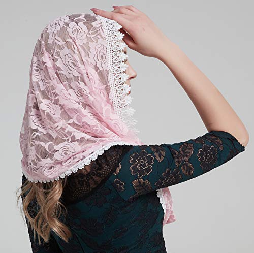 YHDDYG Infinity Veil for Catholic Mass Lace Infinity Scarf Church Veil for Girls Mantilla Infinity Veils Roses S97 - color: Pink Infinity