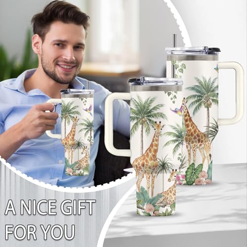 Giraffe 40 oz Tumbler, with Handle & Straw, Insulated Coffee Cup - color: Giraffe