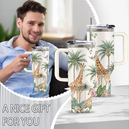 Giraffe 40 oz Tumbler, with Handle & Straw, Insulated Coffee Cup - color: Giraffe