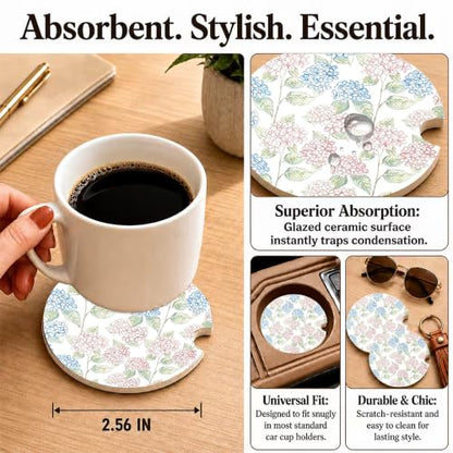 Blue Pink Hydrangea Car Coasters, Retro Coastal Floral Cup Holders, 21 - color: Blue Pink Hydrangea