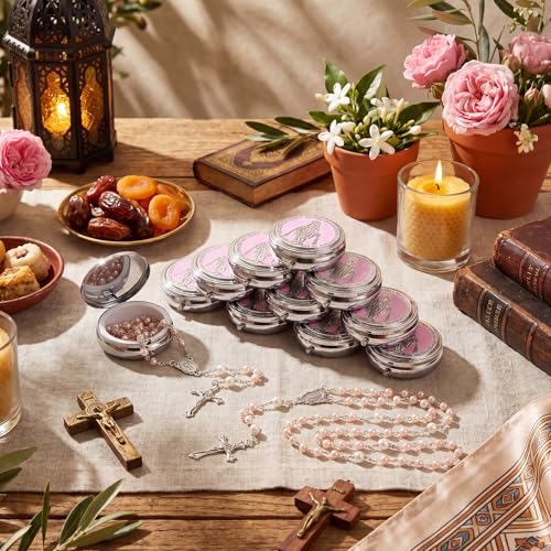 Jadive 24 sets Catholic Rosary Necklace, 6mm Glass Pearl Beads 8mm Our Father Bead Metal Gift Box for Women Men Prayer Gift - color: Pink