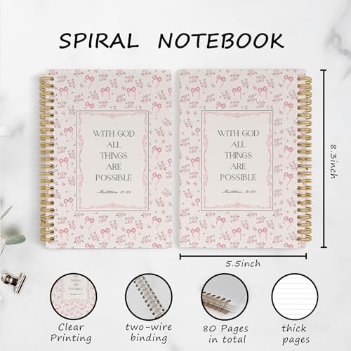 YLZlhb Pink Bow Floral Christian Spiral Notebook Journal, Religious Notebooks for Note Taking, Christian Gifts for Women, with God All Things Are Possible Hardcover Spiral Journal 5.5x8.3 Inches - color: with god