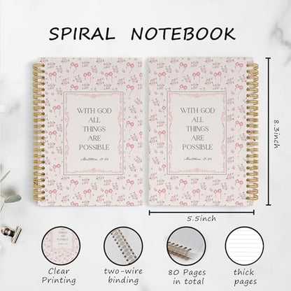 YLZlhb Pink Bow Floral Christian Spiral Notebook Journal, Religious Notebooks for Note Taking, Christian Gifts for Women, with God All Things Are Possible Hardcover Spiral Journal 5.5x8.3 Inches - color: with god