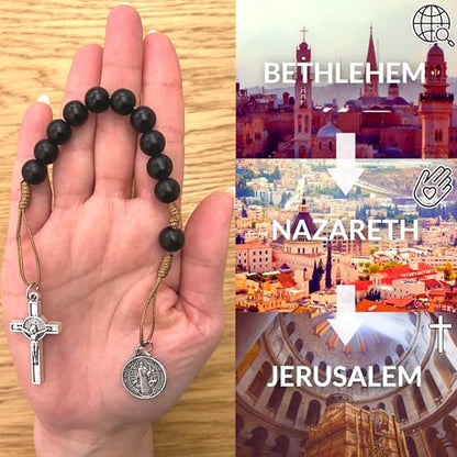 Pocket Rosary, Prayer Beads with Saints Medal and Cross/Crucifix - style: St Benedict, 11 Beads, Black Glass, One Decade