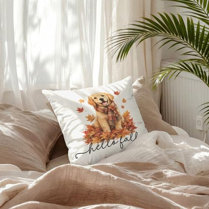 Hello Fall Leaf Golden Retriever Dog Throw Pillow Covers 18x18 - color: Dog