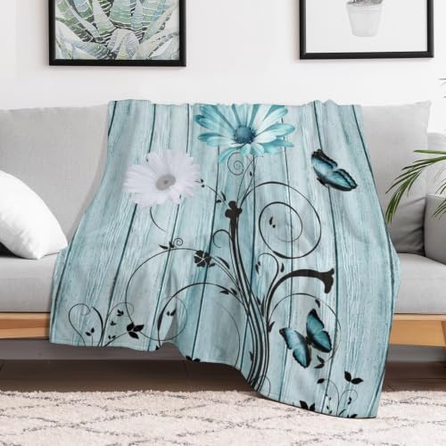Daisy Throw Blanket, Rustic Teal Rural Butterfly Flannel Blanket 40"×60" - color: Daisy 02, size: 40x60 inch